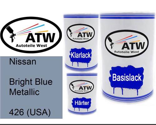 Nissan, Bright Blue Metallic, 426 (USA): 500ml Lackdose + 500ml Klarlack + 250ml Härter - Set, von ATW Autoteile West.